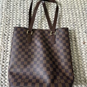 Fake Louis Vuitton Brown Checkered Tote with Leather Handles